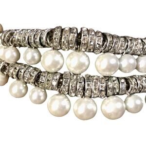 Cache Pearl and Rhinestone Bracelet Heavy Silver Metal Rondelle New NWT $98